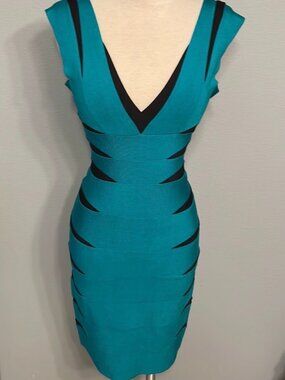 Herve Leger Teal Black Bandage Bodycon Dress S